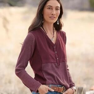 Sundance Burgundy Long Sleeve Thermal Henley Top V Neck Boho XS